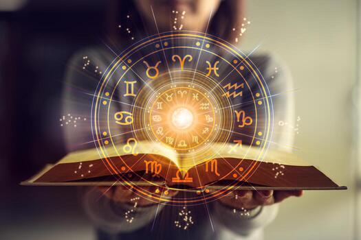 woman holding a astrology book astrological wheel projection choose a zodiac sign astrology esoteric concept photo