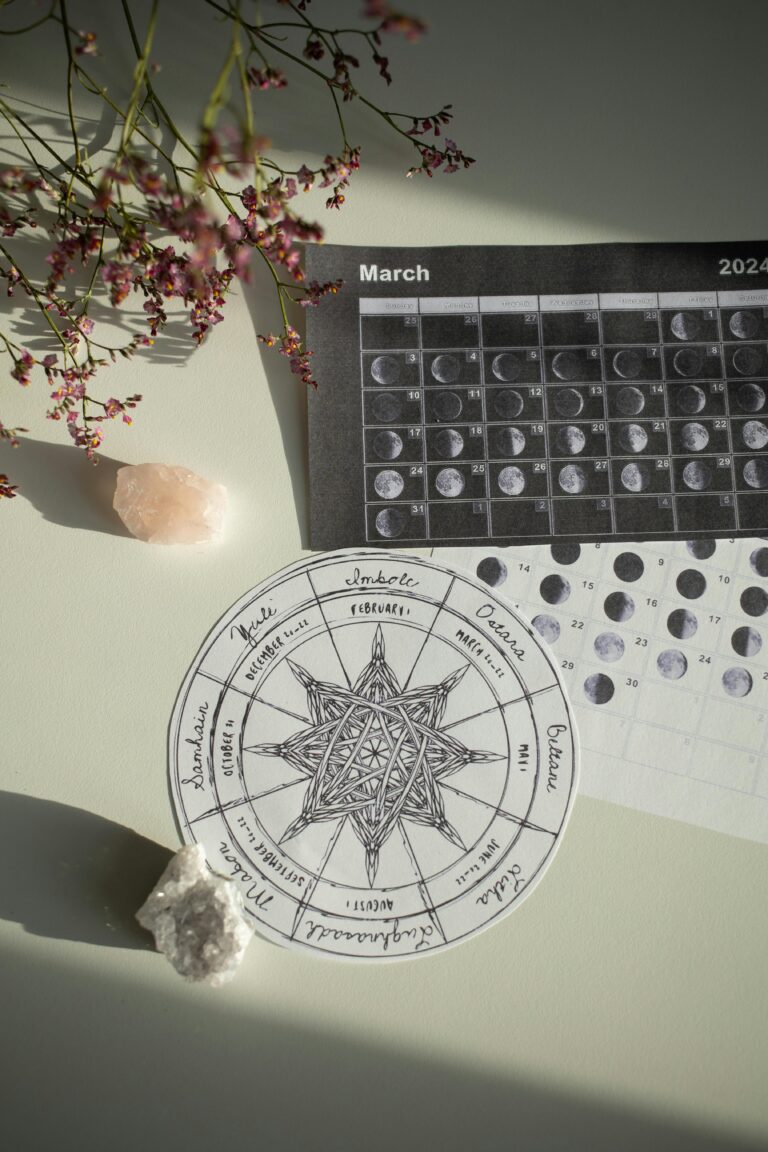 Aesthetic top view of a moon phases calendar with crystals and flowers on a desk.