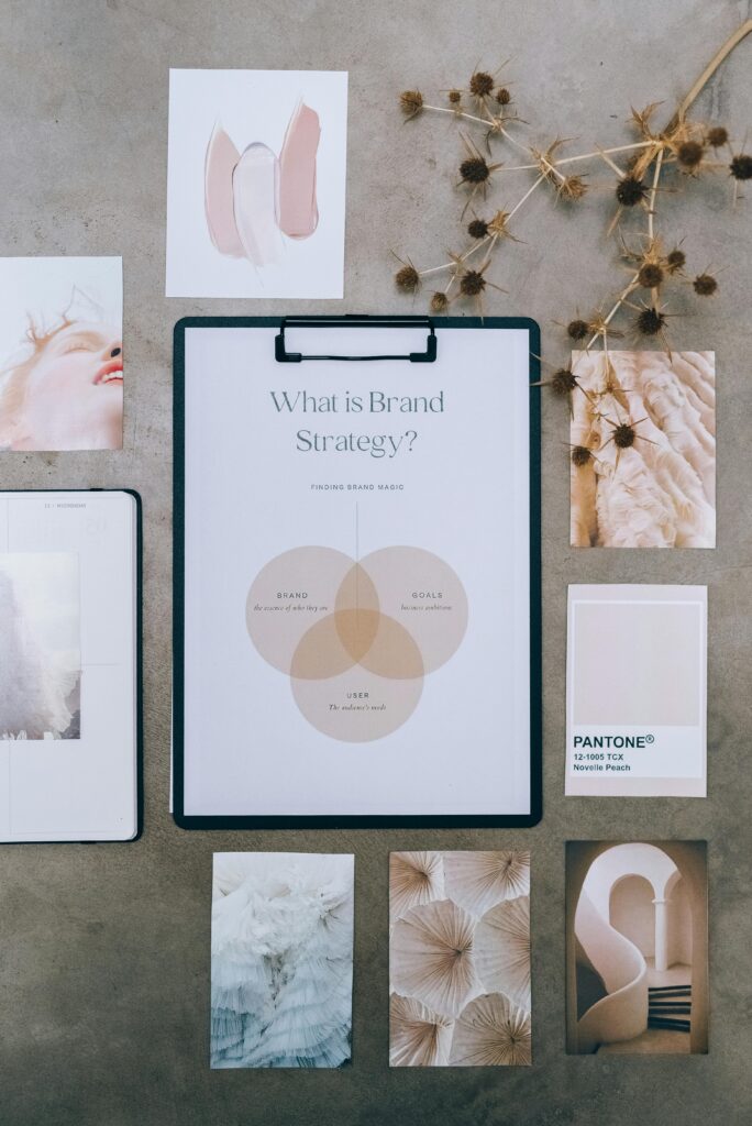 Artistic flat lay featuring a brand strategy chart surrounded by design elements and neutral tones.